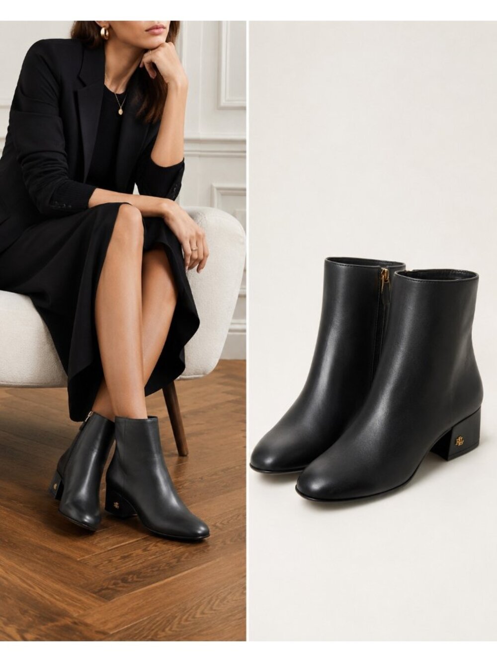 Lauren Ralph Lauren Welford Black Leather Ankle Boots 7.5B NWOB